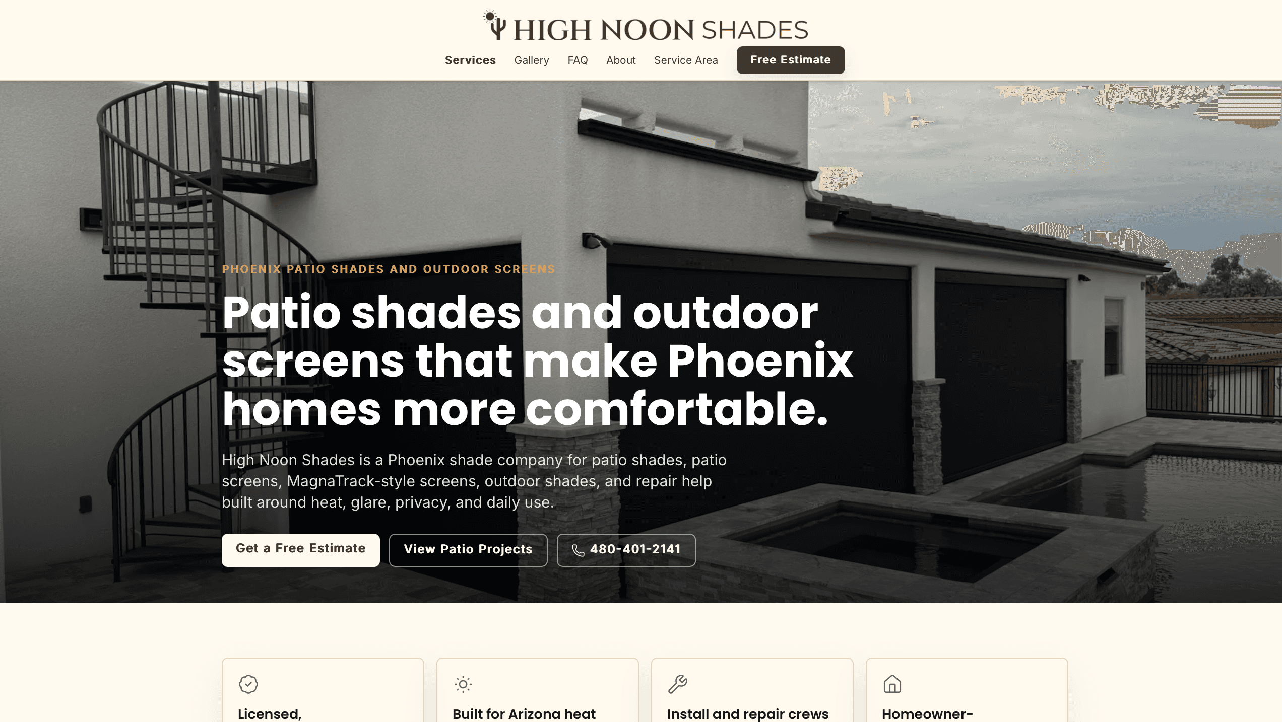 Completed exterior shade installation by High Noon Shades beside a residential pool